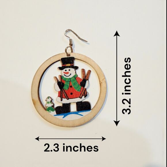 Round Wood Snowman Earrings Christmas Holiday Lightweight 2.3x3.2" - Picture 4 of 8